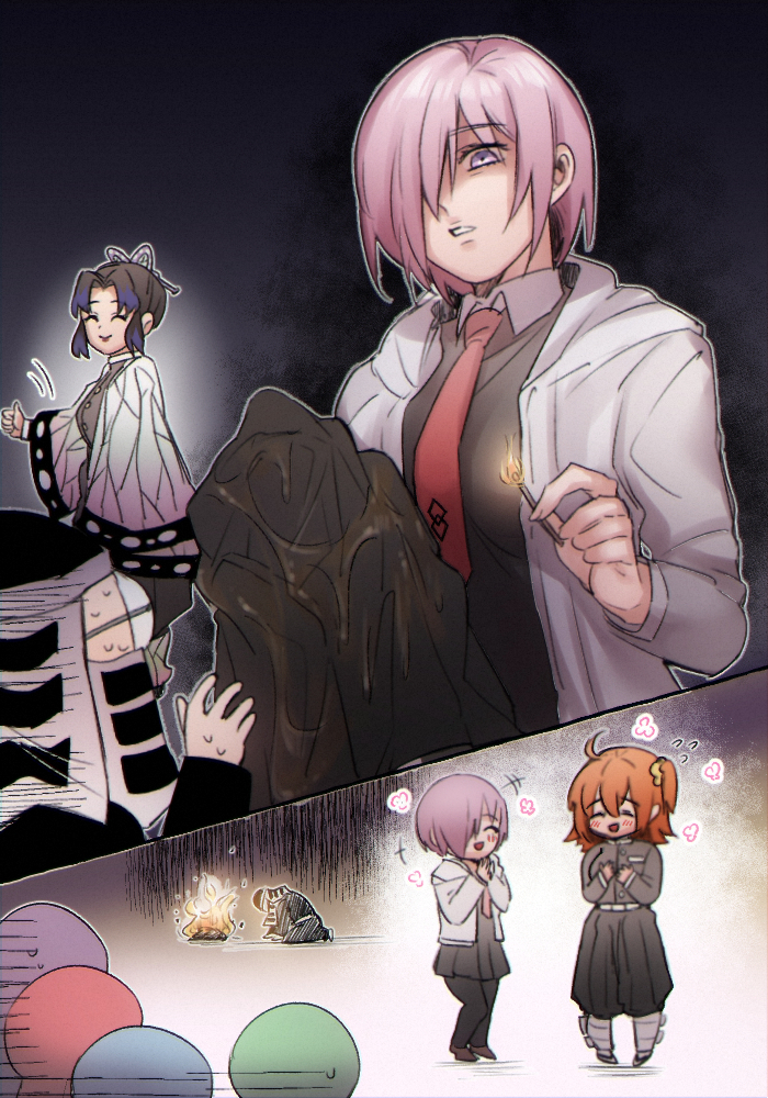 bedivere_(fate), black_hair, burning, butterfly_hair_ornament, character_request, commentary, cosplay, crossover, demon_slayer_uniform, english_commentary, fate/grand_order, fate_(series), fire, fujimaru_ritsuka_(female), gawain_(fate), glasses, hair_ornament, hair_over_one_eye, hair_scrunchie, haori, hood, hoodie, japanese_clothes, kimetsu_no_yaiba, kochou_shinobu, kochou_shinobu_(cosplay), kulissara-aung, lancelot_(fate/grand_order), mash_kyrielight, matches, medium_hair, medium_skirt, necktie, one_side_up, own_hands_together, red_necktie, round_eyewear, scrunchie, shaded_face, skirt, tristan_(fate)