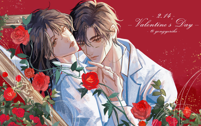 2boys, absurdres, brown_eyes, brown_hair, flower, gongyerihe, happy_valentine, highres