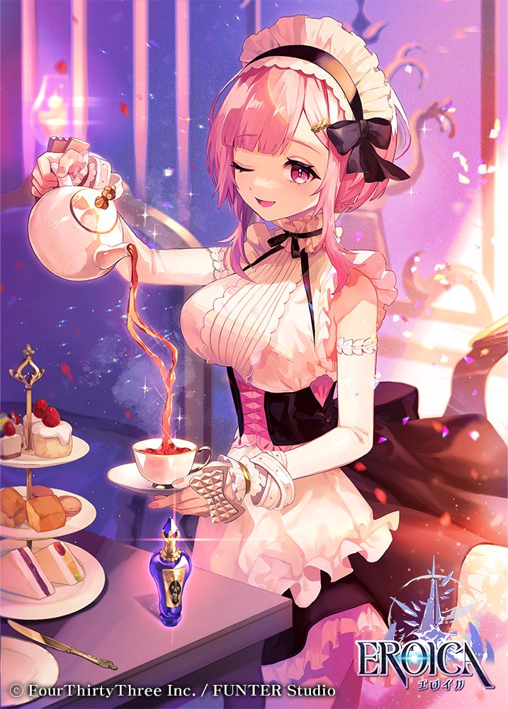 apron, black_bow, bottle, bow, breasts, corset, cup, dress, eroica, hair_ornament, hairclip, helena_(eroica), large_breasts, maid_headdress, natsuiro_xx, official_art, one_eye_closed, pink_eyes, pink_hair, pink_nails, poison, short_hair_with_long_locks, smile, teacup, teapot