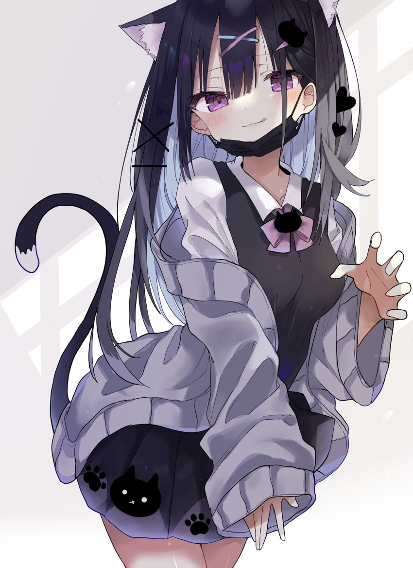 1girl, :q, animal_ear_fluff, animal_ears, black_skirt, black_surgical_mask, black_vest, breasts, cardigan, cat_ears, cat_girl, cat_tail, claw_pose, extra_ears, highres, long_hair, long_sleeves, looking_at_viewer, mask, mask_pull, miniskirt, mouth_mask, off_shoulder, open_cardigan, open_clothes, original, shirt, skirt, sleeves_past_wrists, suisei_1121, surgical_mask, tail, tongue, tongue_out, vest, violet_eyes, white_shirt