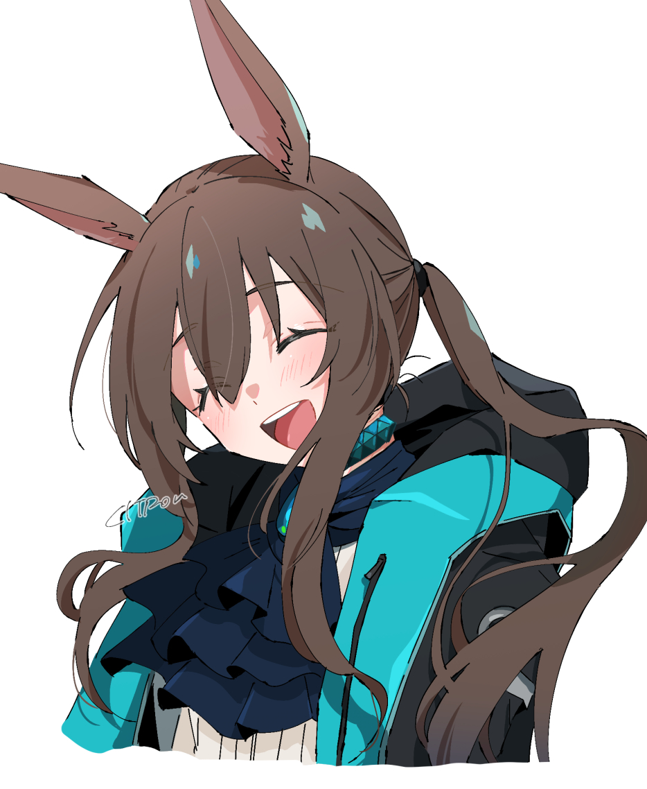 1girl, :d, amiya_(arknights), animal_ears, arknights, artist_name, ascot, black_ascot