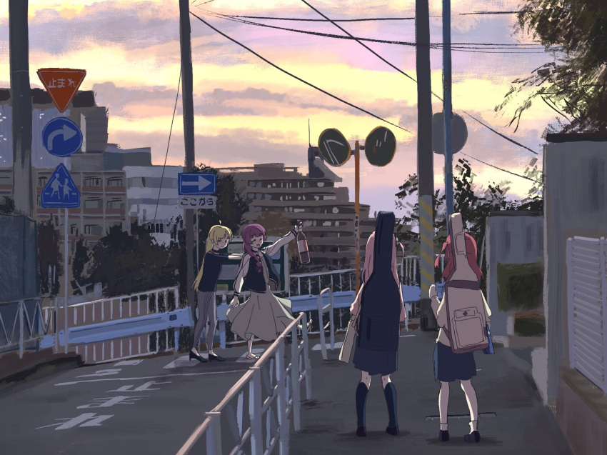 4girls, ahoge, alcohol, arm_up, bangs, black_shirt, black_skirt, black_socks