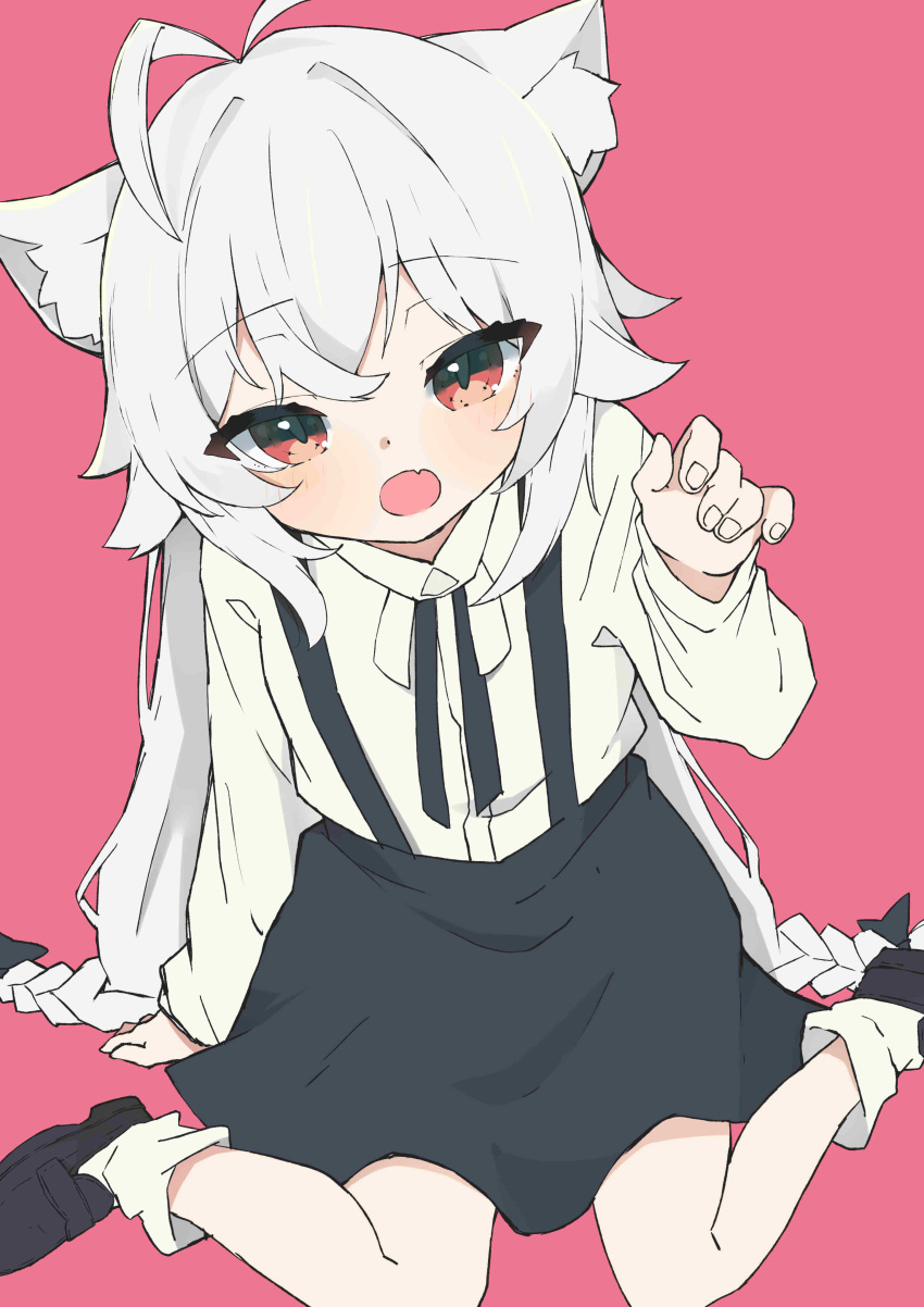 1girl, absurdres, animal_ears, black_skirt, cat_ears, cat_girl, commission, fang, highres, long_hair, long_sleeves, looking_at_viewer, open_mouth, original, pink_background, red_eyes, sasakungoodsize, shirt, simple_background, sitting, skeb_commission, skin_fang, skirt, suspender_skirt, suspenders, very_long_hair, wariza, white_shirt