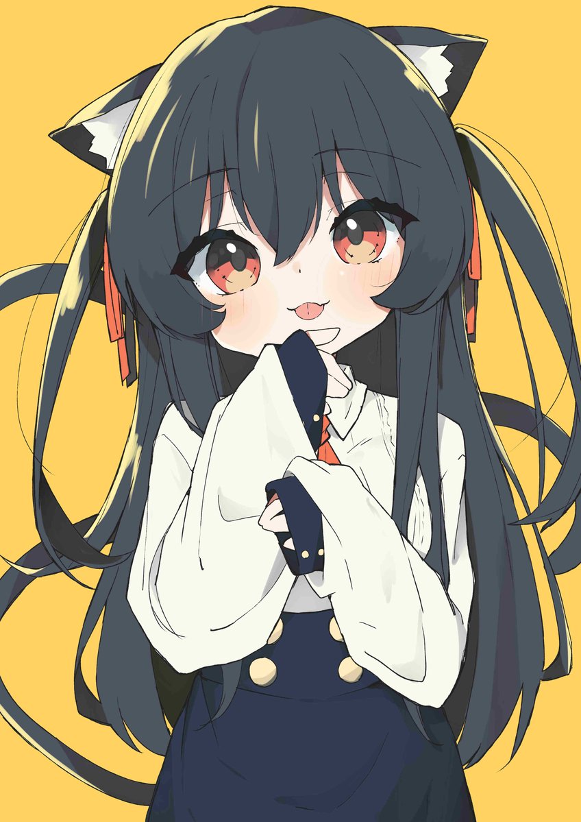 1girl, :p, animal_ears, black_hair, blue_skirt, cat_ears, cat_girl, cat_tail