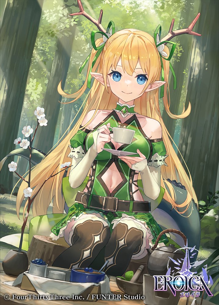 1girl, belt, blonde_hair, blue_eyes, choker, cleavage_cutout, clothing_cutout, cup, detached_sleeves, dress, elf, eroica, forest, freyja_(eroica), green_choker, green_dress, green_ribbon, hair_ribbon, kobuta, long_hair, nature, navel_cutout, official_art, pointy_ears, ribbon, sitting_on_tree_stump, smile, solo, teacup, two_side_up