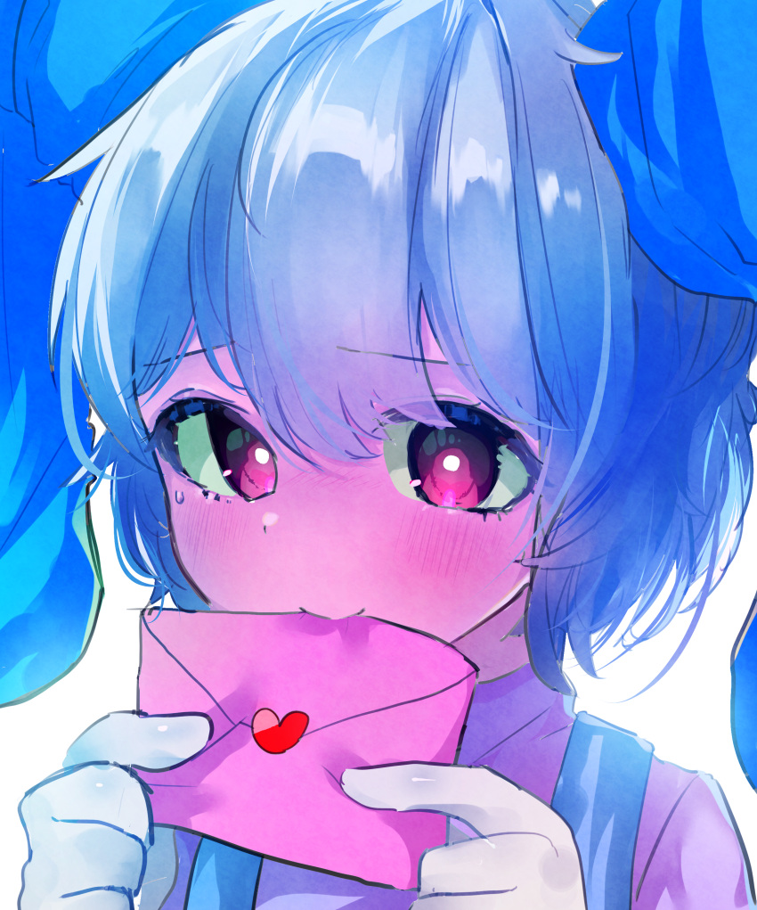 1boy, absurdres, animal_ears, blue_hair, blush, bright_pupils, colored_skin, commentary_request, envelope, gloves, highres, holding, holding_envelope, lop_rabbit_ears, male_focus, neko_no_teach-kun, personification, pink_eyes, pink_skin, purple_shirt, rabbit_boy, rabbit_ears, sakana_(kgss7472), sam_(neko_no_teach-kun), shirt, short_hair, simple_background, solo, white_background, white_gloves, white_pupils
