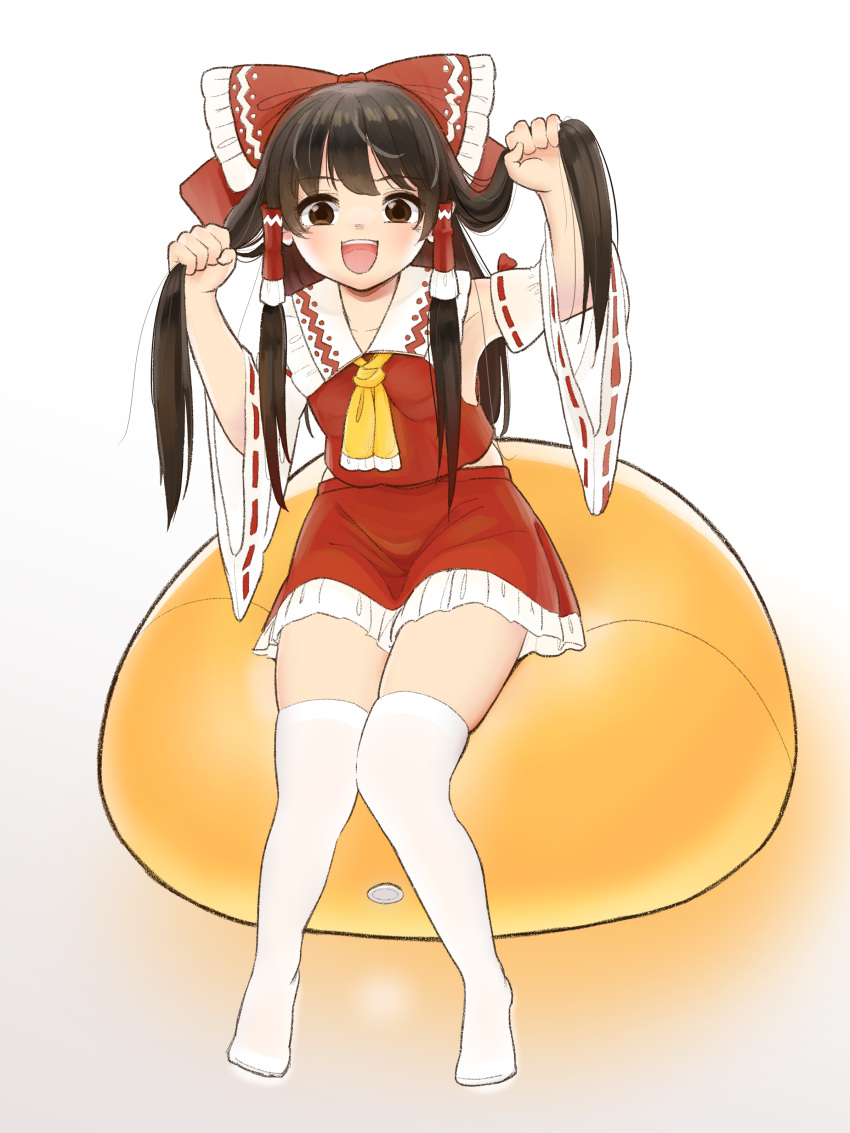 1girl, :d, absurdres, alternate_hairstyle, armpits, ascot, bangs, bean_bag_chair