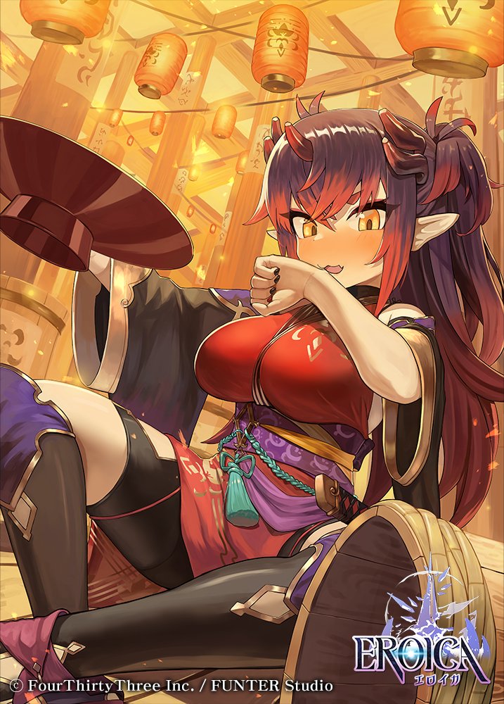 1girl, black_hair, black_nails, blush, eroica, gradient_hair, japanese_clothes, lantern, long_hair, melavi_(eroica), moutama, multicolored_hair, official_art, open_mouth, paper_lantern, pointy_ears, redhead, sitting, smile, solo, wide_sleeves