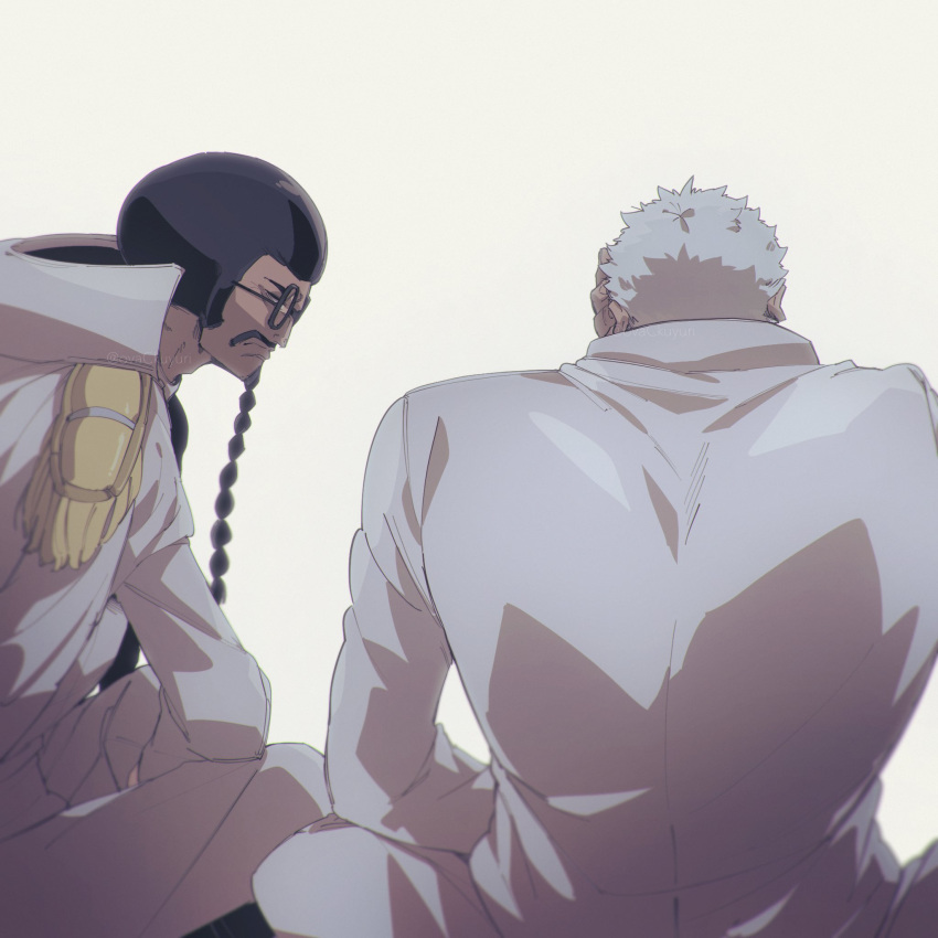 2boys, beard, black_hair, closed_mouth, coat, coat_on_shoulders, facial_hair, formal