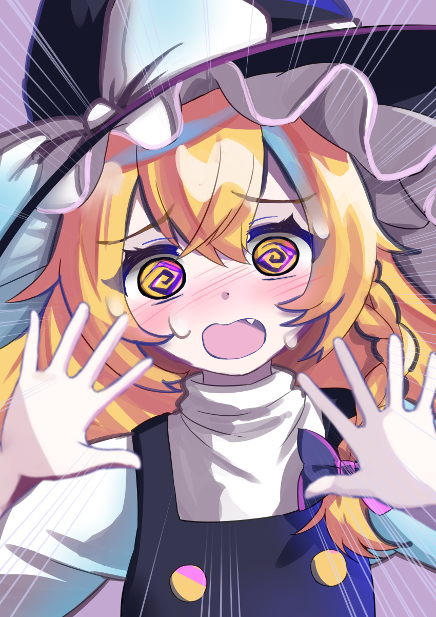 2girls, @_@, absurdres, bangs, bikini, blonde_hair, blush, bow, braid, commentary, confused, fang, frilled_headwear, full-face_blush, furrowed_brow, hair_between_eyes, hair_bow, hands_up, hat, hat_bow, highres, kabi_killer, kirisame_marisa, long_hair, looking_at_viewer, multiple_girls, open_hands, open_mouth, purple_bow, shirt, sidelocks, single_braid, solo, sweat, touhou, upper_body, wavy_mouth, white_shirt, witch_hat, yellow_eyes