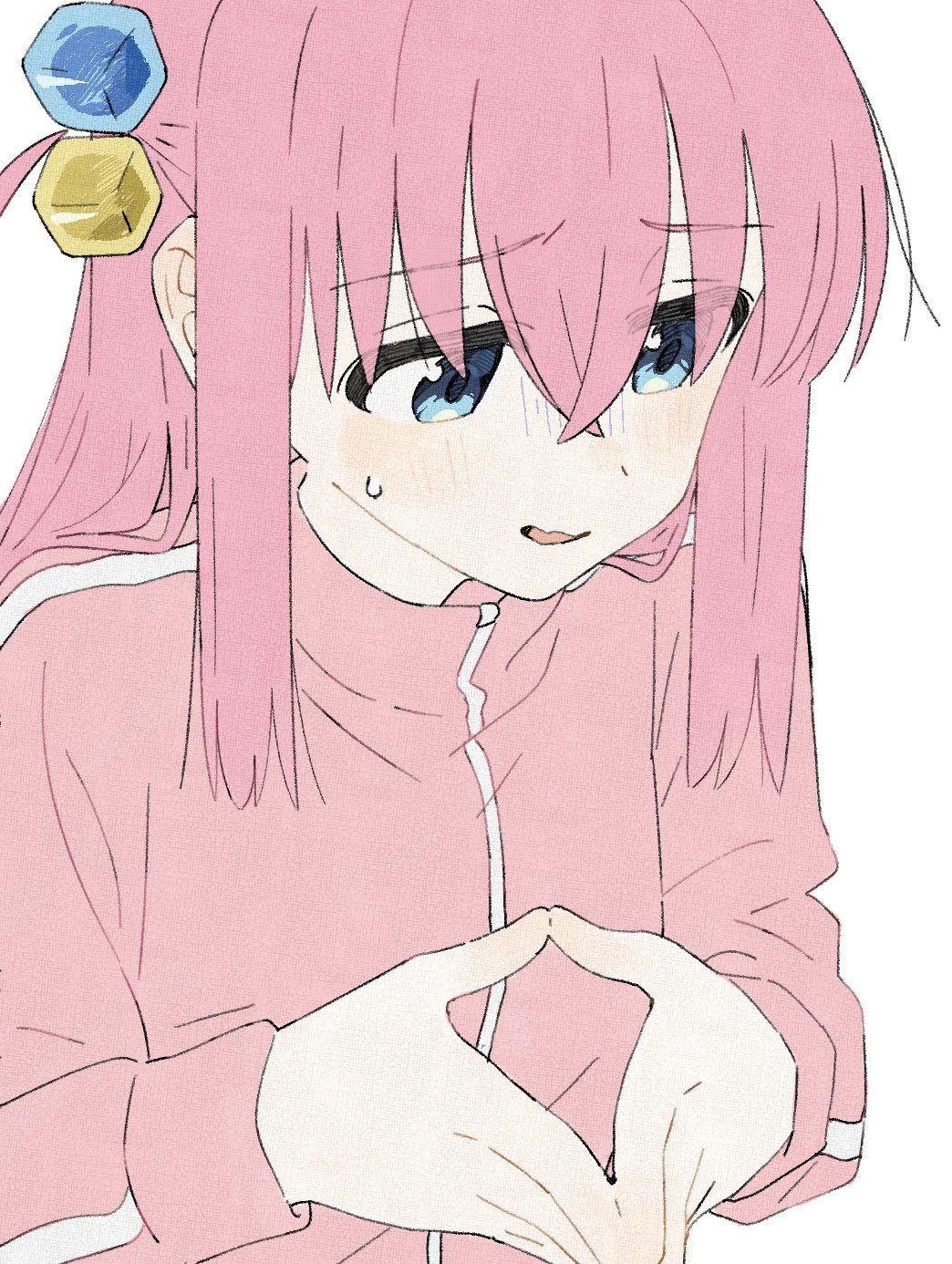 1girl, bangs, blue_eyes, bocchi_the_rock!, cube_hair_ornament, gotou_hitori, hair_between_eyes, hair_ornament, highres, jacket, long_hair, looking_down, one_side_up, open_mouth, pink_hair, pink_jacket, simple_background, solo, sweatdrop, tenoo12, track_jacket, white_background