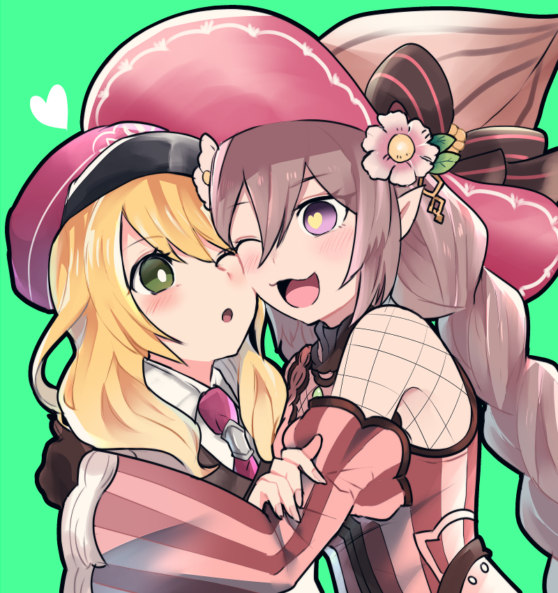 2girls, alice_(rune_factory), blonde_hair, braid, braided_ponytail, cheek-to-cheek, fishnet_top, fishnets