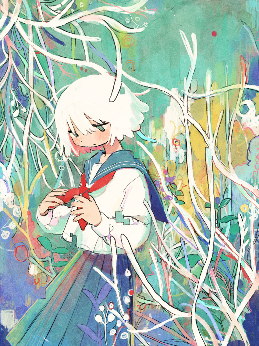 1girl, abstract_background, absurdres, adjusting_neckerchief, aqua_eyes, bangs, closed_mouth, commentary_request, feet_out_of_frame, grey_sailor_collar, grey_skirt, highres, long_sleeves, looking_down, neckerchief, original, pinpon_sakana, plant, pleated_skirt, red_neckerchief, sailor_collar, sailor_shirt, school_uniform, serafuku, shirt, short_hair, skirt, solo, standing, white_hair, white_shirt