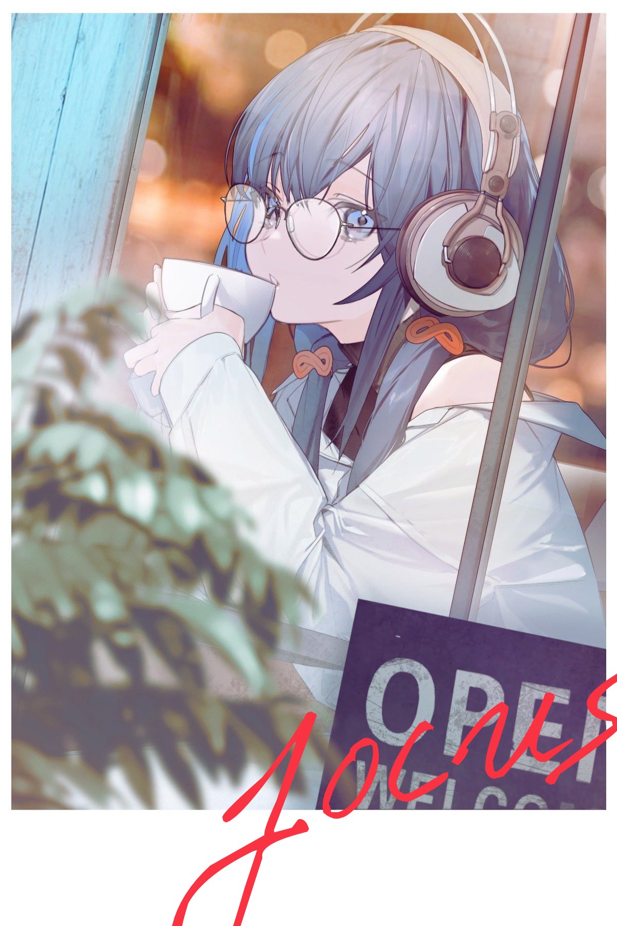 1girl, bangs, black_hair, black_shirt, blue_eyes, blue_hair, cafe, colored_inner_hair