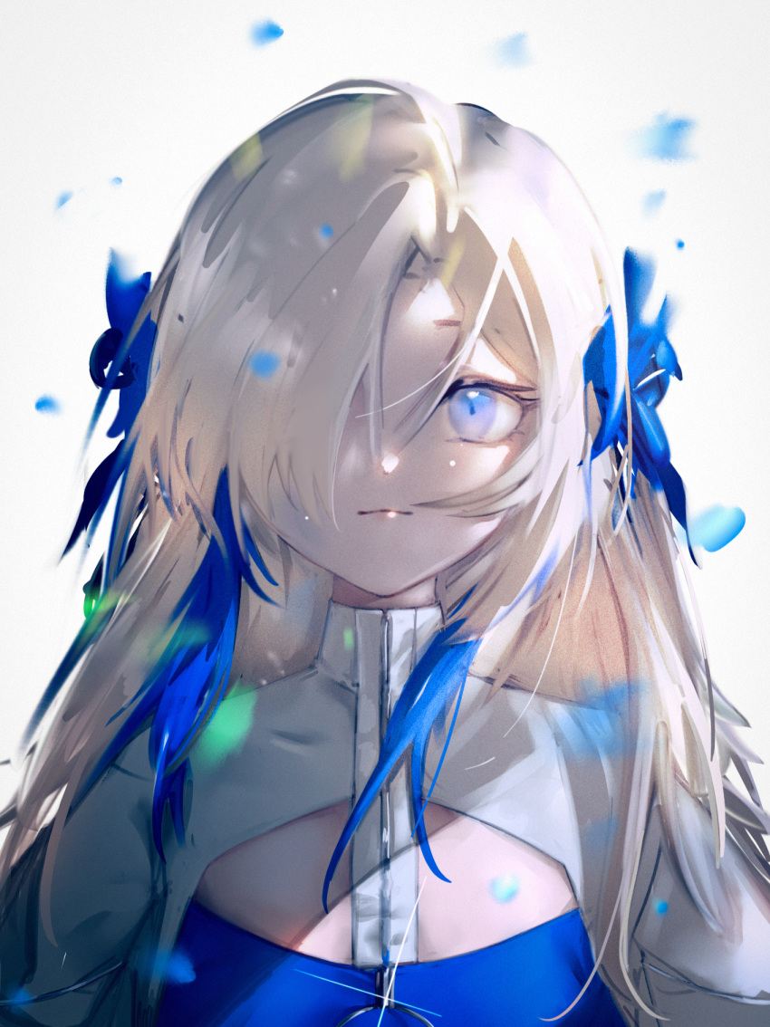 1girl, blue_dress, blue_eyes, blue_flower, blue_hair, dress, flower, hair_flower