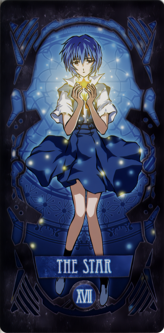 ayanami_rei, black_border, black_socks, blue_dress, blue_hair, border, card_(medium), dress, english_text, highres, legs, neon_genesis_evangelion, non-web_source, red_eyes, red_ribbon, ribbon, roman_numeral, school_uniform, shirt, socks, tarot, the_star_(tarot), thighs, tokyo-3_middle_school_uniform, white_footwear, white_shirt