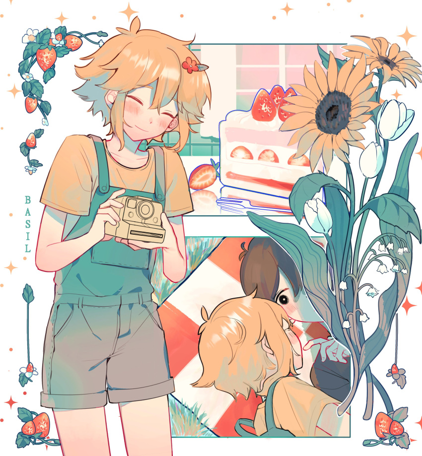 2boys, ^_^, absurdres, bangs, basil_(omori), black_eyes, black_hair, blanket, blonde_hair, blue_shorts, blush, cake, cake_slice, camera, character_name, closed_eyes, closed_mouth, collarbone, commentary, english_commentary, flower, food, fork, fruit, grass, green_shirt, hair_between_eyes, hair_flower, hair_ornament, highres, holding, holding_camera, leaf, lily_of_the_valley, lying, male_focus, momi_omori, multiple_boys, multiple_views, omori, on_back, on_side, overall_shorts, overalls, plant, red_flower, shirt, short_hair, short_sleeves, shorts, sidelocks, simple_background, smile, sparkle, strawberry, strawberry_blossoms, strawberry_shortcake, sunflower, sunny_(omori), t-shirt, tulip, white_background, white_flower, yellow_flower