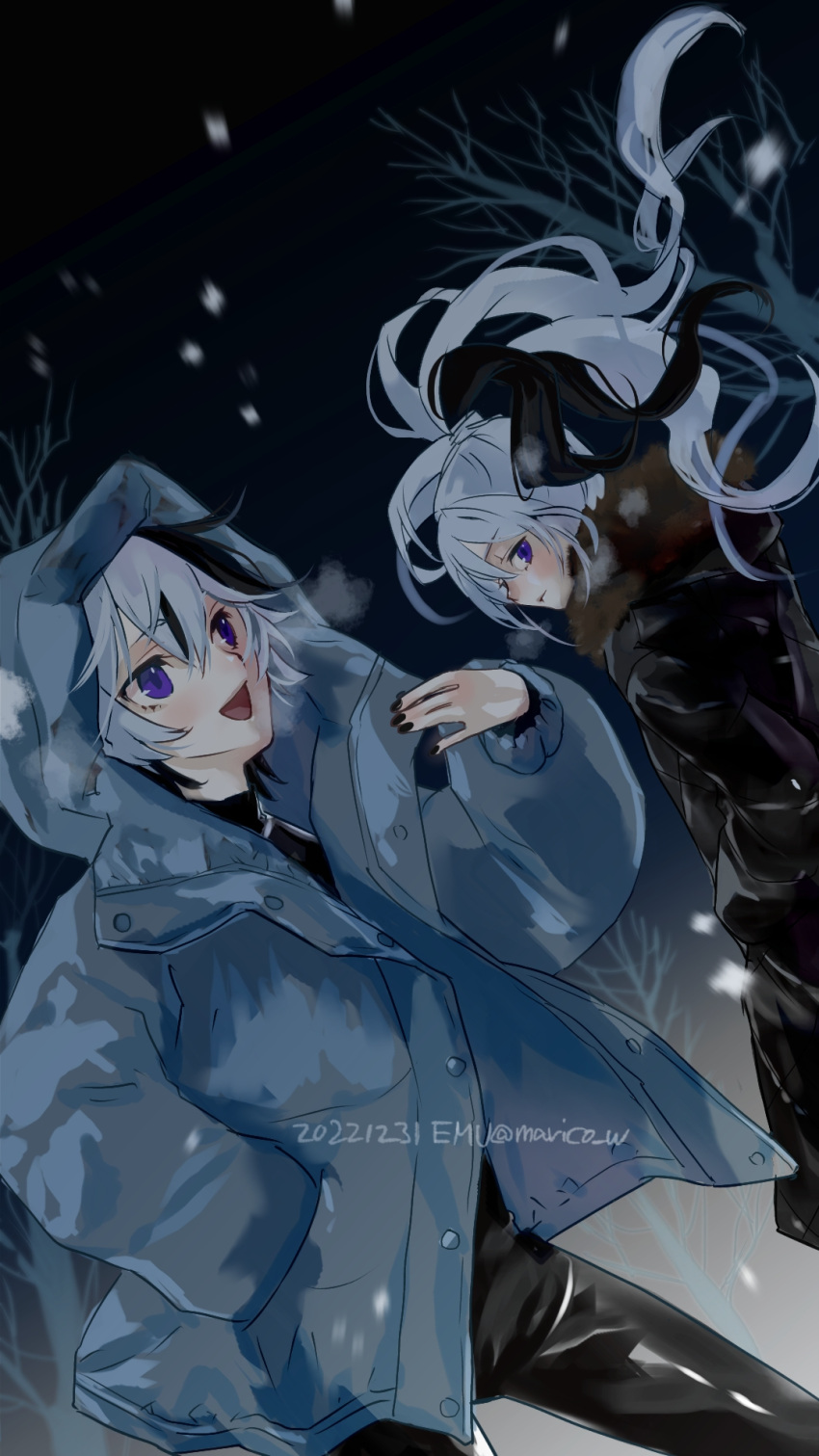 2girls, artist_name, black_hair, black_nails, breath, commentary_request, down_jacket, dual_persona