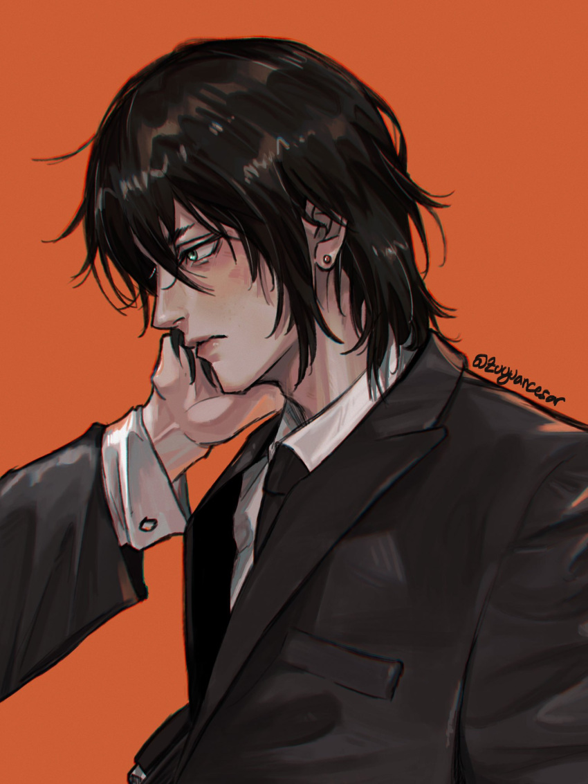 1boy, 1other, bangs, black_jacket, black_necktie, chainsaw_man, collared_shirt, earrings