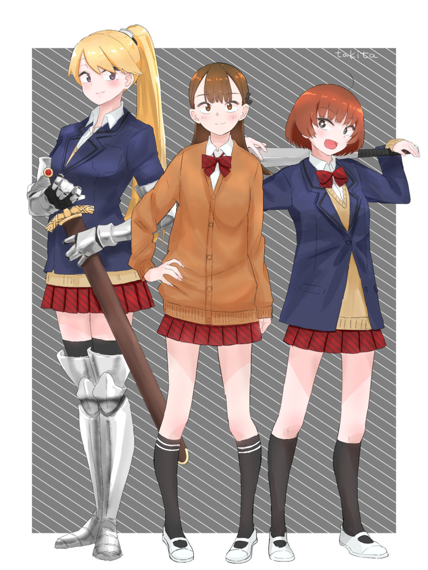 3girls, arm_armor, bangs, baseball_bat, black_socks, black_thighhighs, blonde_hair, blue_jacket, bow, bowtie, brown_hair, brown_sweater, collared_shirt, grey_background, hand_on_hip, highres, holding, holding_baseball_bat, holding_sword, holding_weapon, itan_private_high_school_uniform, jacket, kishi_himeko, komi-san_wa_komyushou_desu, leg_armor, long_hair, looking_at_viewer, multiple_girls, onigashima_akako, open_mouth, pleated_skirt, ponytail, red_bow, red_bowtie, red_skirt, school_uniform, sheath, sheathed, shirt, shoes, short_hair, skirt, smile, socks, striped, striped_background, striped_skirt, sweater, sword, takita_(takita3411), thigh-highs, weapon, white_footwear, white_shirt, yamai_ren
