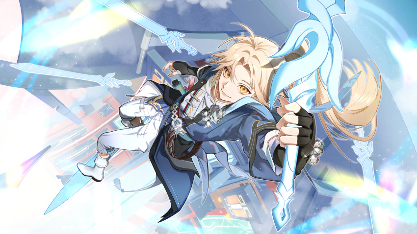 1boy, absurdres, androgynous, armor, blonde_hair, highres, holding, holding_sword, holding_weapon, honkai:_star_rail, honkai_(series), japanese_armor, jewelry, kote, male_focus, metal, multiple_swords, pants, ponytail, smile, sword, wago, weapon, white_footwear, yanqing_(honkai:_star_rail), yellow_eyes