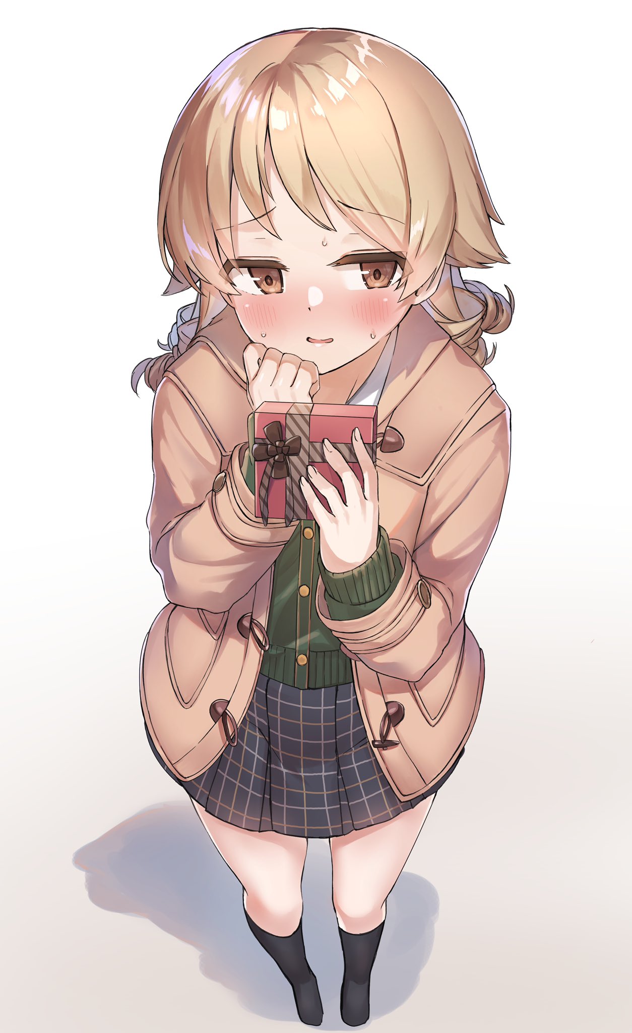 1girl, bangs, black_footwear, black_skirt, black_socks, blonde_hair, blush, box