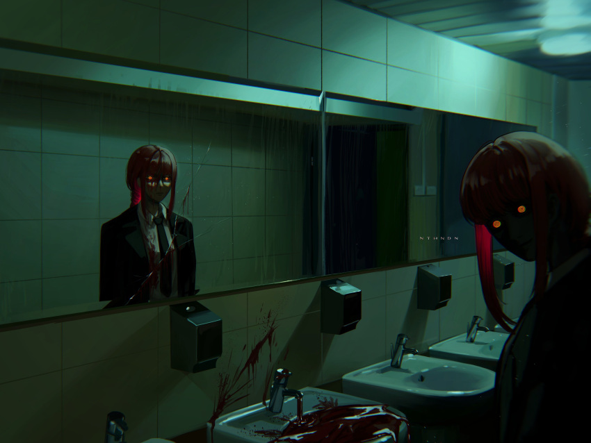 1girl, absurdres, bangs, bathroom, black_jacket, black_necktie, blood, blood_on_clothes, blood_on_wall, braid, braided_ponytail, chainsaw_man, collared_shirt, cracked_glass, dark, different_reflection, eyes_in_shadow, formal, highres, horror_(theme), jacket, looking_at_another, looking_at_viewer, looking_to_the_side, makima_(chainsaw_man), medium_hair, mirror, necktie, nthndn, redhead, reflection, ringed_eyes, shirt, sidelocks, solo, suit, suit_jacket, tile_wall, tiles, white_shirt, yellow_eyes