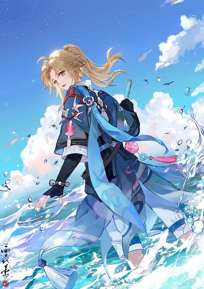 1boy, ahoge, androgynous, armor, bird, blonde_hair, blue_sky, clouds, earrings, honkai:_star_rail, honkai_(series), japanese_armor, jewelry, kote, looking_back, male_focus, ocean, open_mouth, pants, ponytail, short_sleeves, single_earring, sky, solo, stud_earrings, white_pants, xuedaixun, yanqing_(honkai:_star_rail), yellow_eyes