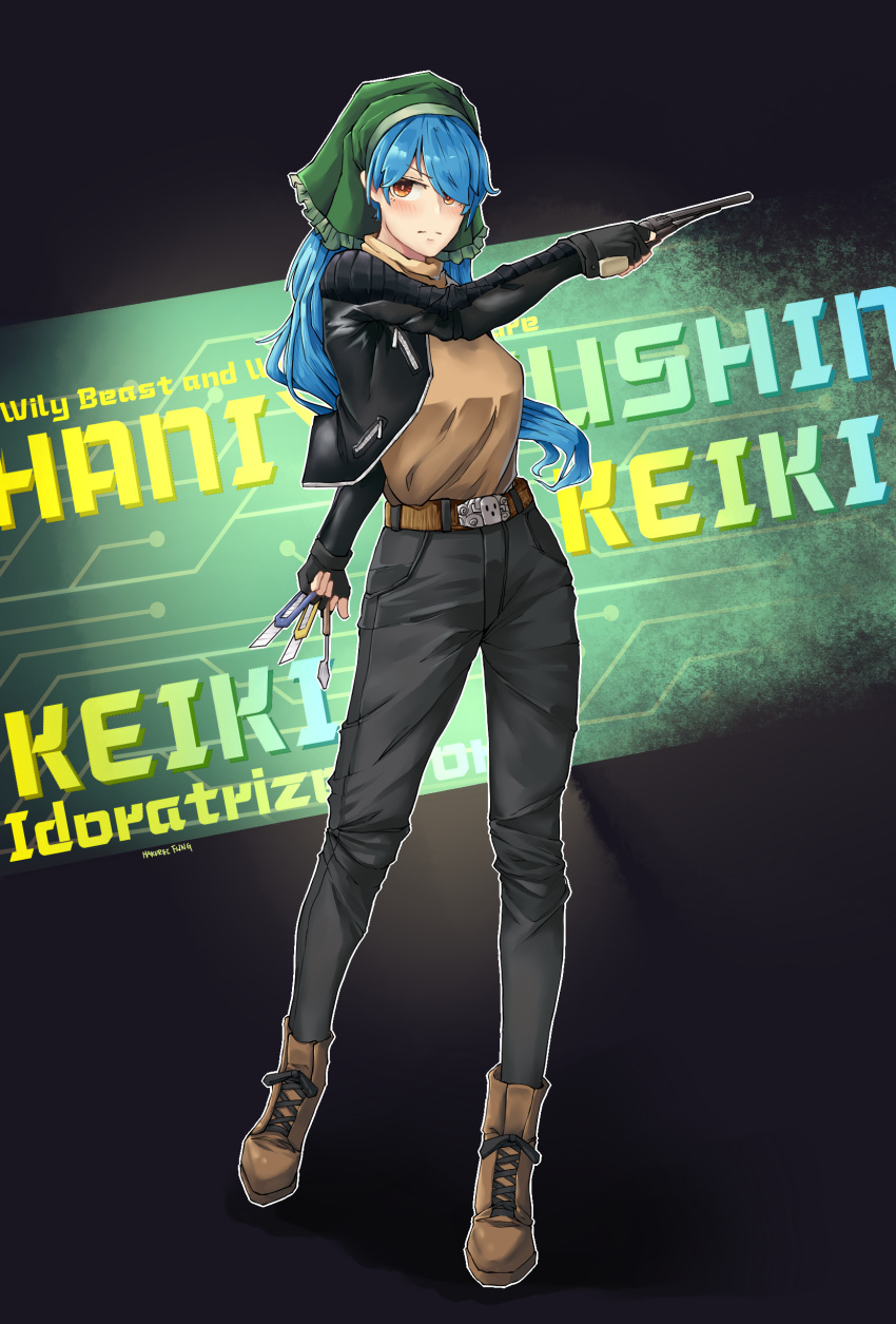 1girl, absurdres, black_jacket, black_pants, blue_hair, boots, boxcutter, brown_shirt