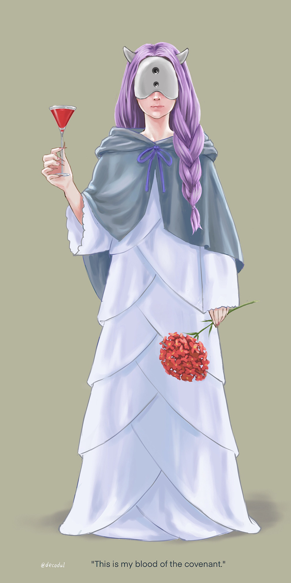 1girl, braid, brown_background, capelet, cup, decodu, demon, dress