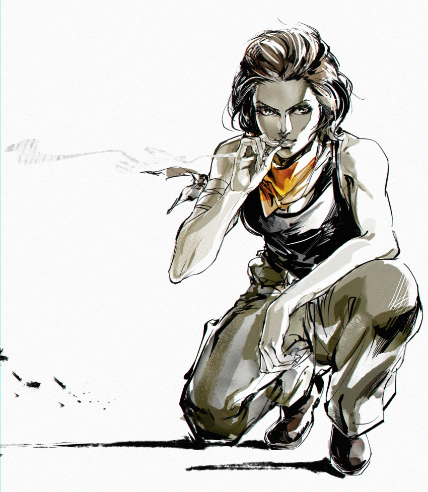 1girl, bandaged_arm, bandages, black_tank_top, boots, breasts, cargo_pants, character_request, cigarette, forehead, full_body, h_(nxbfn779), highres, medium_breasts, metal_gear_(series), metal_gear_solid_v:_the_phantom_pain, muscular, muscular_female, neckerchief, official_style, one_knee, orange_neckerchief, pants, shinkawa_youji_(style), short_hair, sleeveless, smoke, smoking, solo, spot_color, tank_top