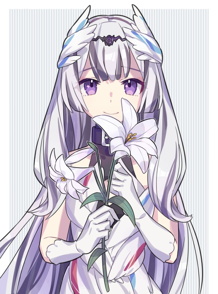 1girl, bangs, bare_shoulders, black_choker, black_hair, choker, dress, feather_hair_ornament, feathers, fire_emblem, fire_emblem_engage, flower, grey_hair, haconeri, hair_between_eyes, hair_ornament, holding, holding_flower, long_hair, looking_at_viewer, multicolored_hair, petite, smile, solo, two-tone_hair, very_long_hair, veyle_(fire_emblem), violet_eyes, wavy_hair