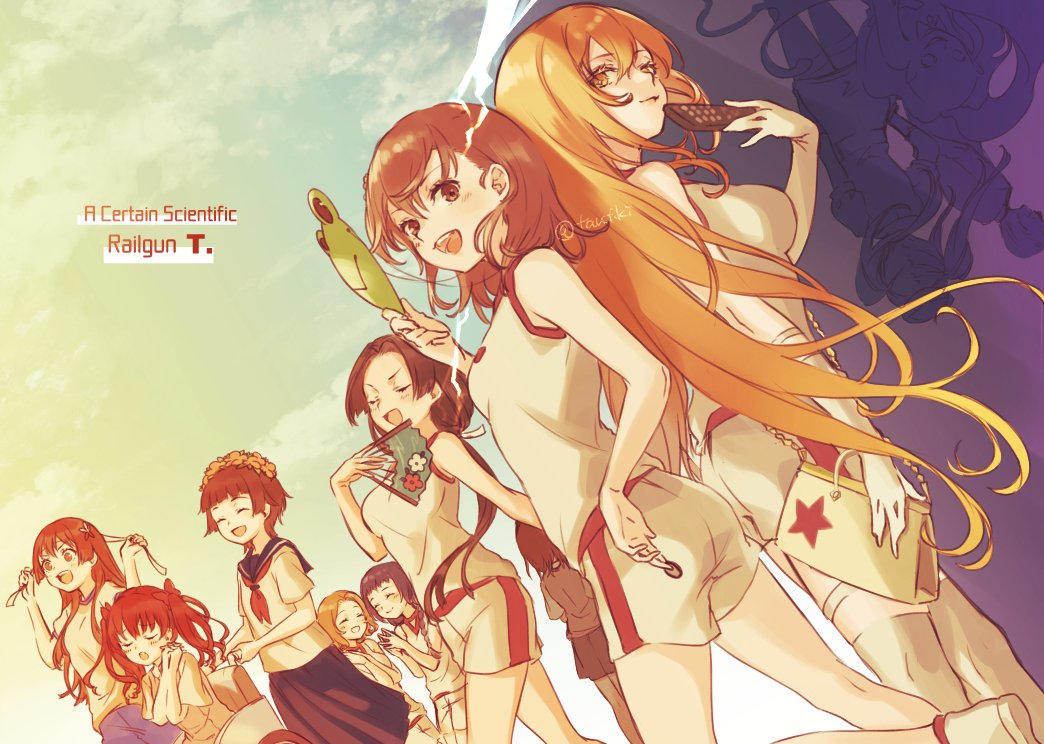 6+girls, awatsuki_maaya, back-to-back, bag, bangs, black_hair, blonde_hair, blue_sky