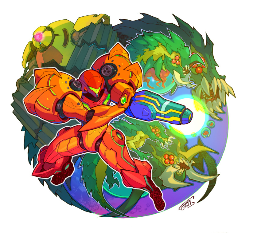 alpha_metroid, arm_cannon, armor, artist_name, character_request, check_character, commentary, dated, diggernaut, energy, english_commentary, extra_eyes, full_armor, gamma_metroid, helmet, mandibles, metroid, metroid_(creature), monster, omega_metroid, open_mouth, pauldrons, power_armor, power_suit, power_suit_(metroid), red_eyes, robot, samus_aran, sharp_teeth, shoulder_armor, signature, teeth, tomycase, varia_suit, visor_(armor), weapon, white_background, zeta_metroid