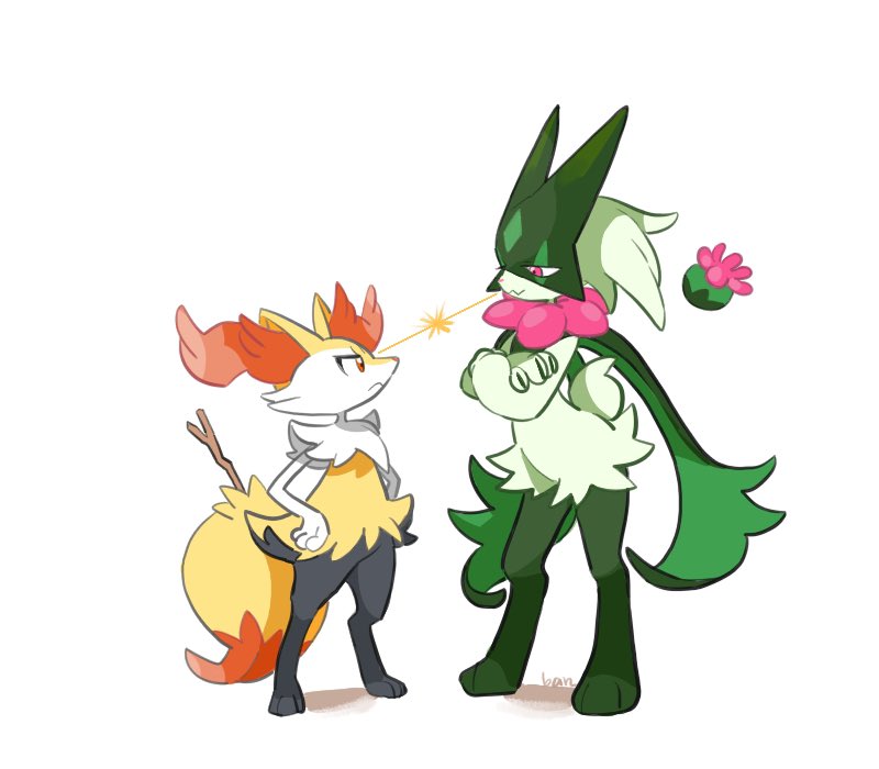 2girls, :<, :3, animal_ears, animal_feet, animal_hands, artist_name, ban_(ban62460424), black_fur, body_fur, braixen, cat_girl, closed_mouth, commentary_request, crossed_arms, eye_contact, flat_chest, floating, floating_object, fox_ears, fox_girl, fox_tail, from_side, full_body, fur_collar, furry, furry_female, green_fur, green_hair, hands_on_hips, height_difference, legs, lightning_glare, looking_at_another, looking_down, looking_up, meowscarada, multiple_girls, pokemon, pokemon_(creature), red_eyes, short_hair, signature, simple_background, standing, stick, tail, two-tone_fur, white_background, white_fur, yellow_fur