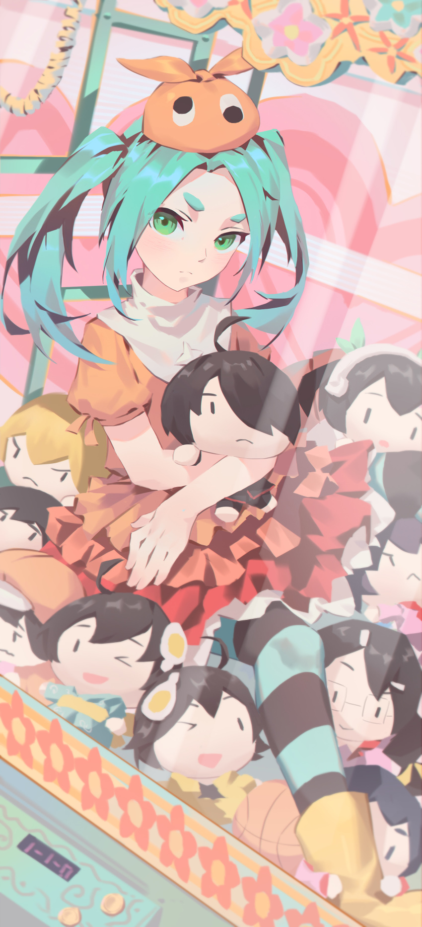 1girl, absurdres, aqua_hair, araragi_karen, araragi_koyomi, araragi_tsukihi, bangs, basketball, black_thighhighs, boots, character_doll, chibi, closed_mouth, commentary, crane_game, doll, dress, dutch_angle, english_commentary, expressionless, feet_out_of_frame, floral_print, frilled_dress, frills, googly_eyes, green_eyes, green_thighhighs, hachikuji_mayoi, hanekawa_tsubasa, hat, heart, highres, hikimayu, kanbaru_suruga, light_blush, light_frown, long_hair, looking_at_viewer, mixed-language_commentary, monogatari_(series), ononoki_yotsugi, orange_dress, orange_footwear, orange_headwear, oshino_ougi, oshino_shinobu, parted_bangs, pink_background, rubber_boots, sengoku_nadeko, senjougahara_hitagi, short_eyebrows, sitting, striped, striped_thighhighs, stuffed_toy, thick_eyebrows, thigh-highs, twintails, yy-_-yy_(yaoyaoyeye)