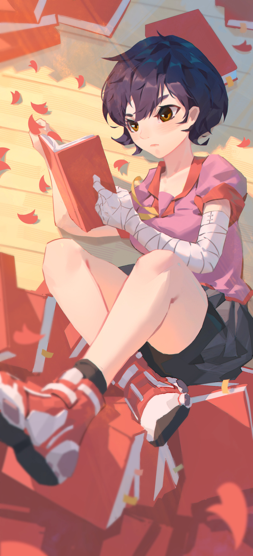 1girl, absurdres, ankle_socks, bangs, bike_shorts, bike_shorts_under_skirt, black_hair, black_shorts