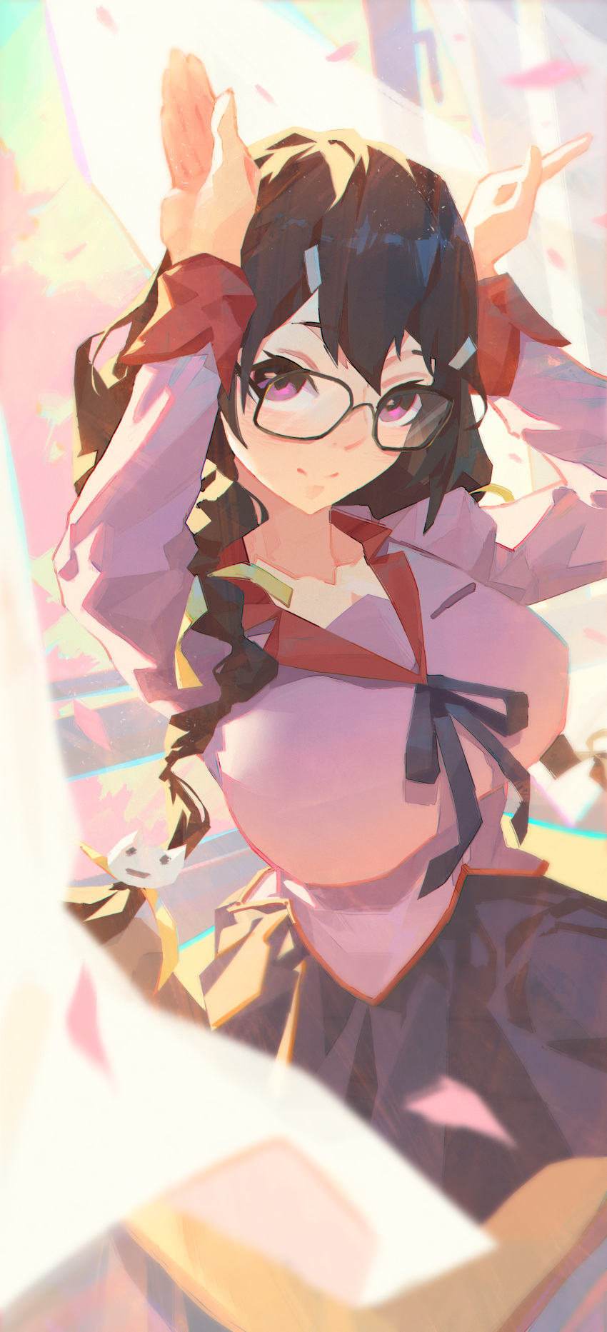 1girl, absurdres, bangs, black_hair, blurry, blurry_background, blurry_foreground, braid, breasts, cat_hair_ornament, cherry_blossoms, chinese_commentary, closed_mouth, collarbone, commentary, curtains, depth_of_field, falling_petals, glasses, hair_between_eyes, hair_ornament, hairclip, hanekawa_tsubasa, head_down, highres, large_breasts, light_rays, long_hair, long_sleeves, looking_at_viewer, monogatari_(series), naoetsu_high_school_uniform, neck_ribbon, petals, pink_shirt, puffy_sleeves, purple_ribbon, purple_skirt, rabbit_pose, ribbon, school_uniform, shirt, sitting, skirt, smile, solo, sunbeam, sunlight, twin_braids, upturned_eyes, violet_eyes, window, yy-_-yy_(yaoyaoyeye)