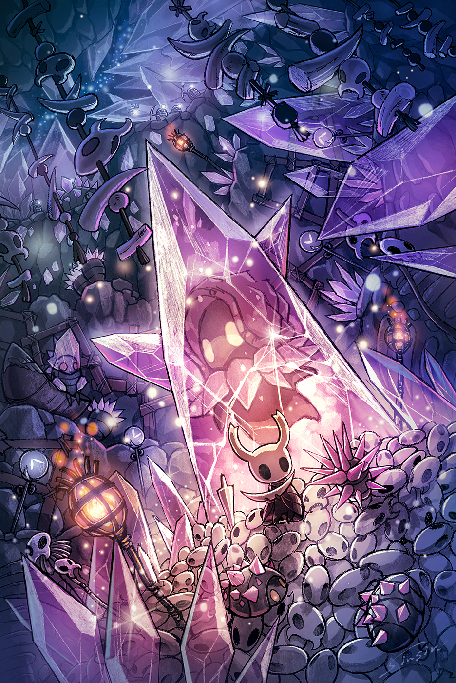 artist_name, black_robe, cave, commentary_request, crystal, crystal_guardian_(hollow_knight), crystallization, fire