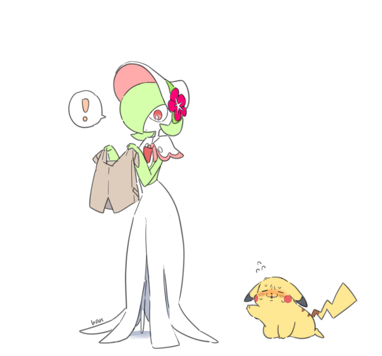 !, 1boy, :3, all_fours, arm_up, artist_name, ban_(ban62460424), bangs, blush, blush_stickers, bob_cut, bonnet, bright_pupils, brown_jacket, capelet, closed_mouth, clothed_pokemon, colored_skin, commentary_request, constricted_pupils, dot_mouth, ears_down, embarrassed, english_commentary, flat_color, flower, flying_sweatdrops, full_body, gardevoir, gardevoir_(fashionable), green_hair, green_skin, hair_over_one_eye, hands_up, hat, hat_flower, holding, holding_clothes, holding_jacket, jacket, male_focus, mixed-language_commentary, multicolored_skin, nose_blush, one_eye_covered, open_mouth, otoko_no_ko, partial_commentary, pikachu, pikachu_(fashionable), pink_trim, pokemon, pokemon_(creature), pokemon_(game), pokemon_unite, red_eyes, red_flower, short_hair, signature, simple_background, sketch, speech_bubble, spoken_exclamation_mark, standing, surprised, sweat, two-tone_skin, white_background, white_capelet, white_headwear, white_pupils, white_skin