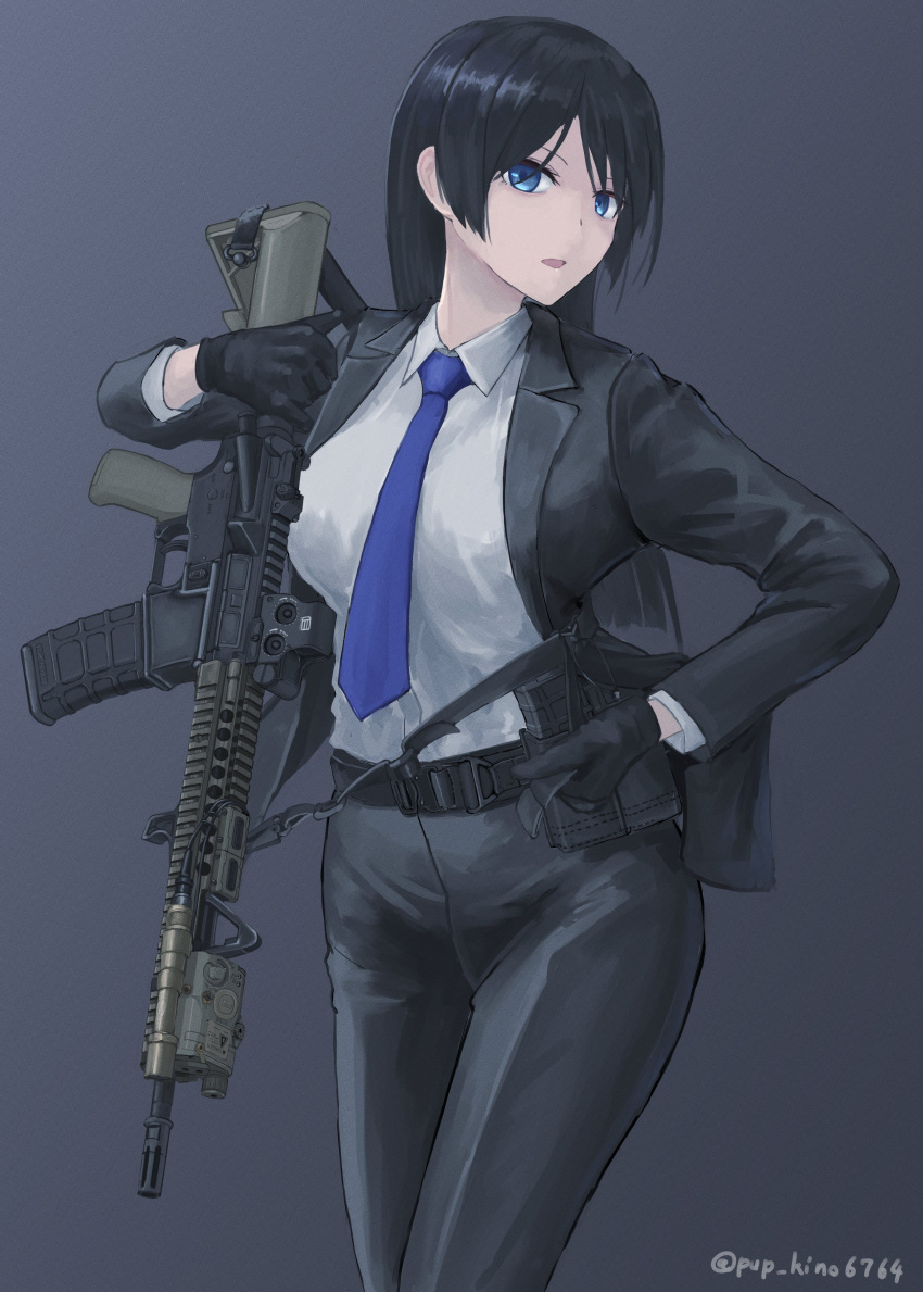 1girl, absurdres, bangs, black_gloves, black_hair, black_jacket, black_pants, blue_eyes