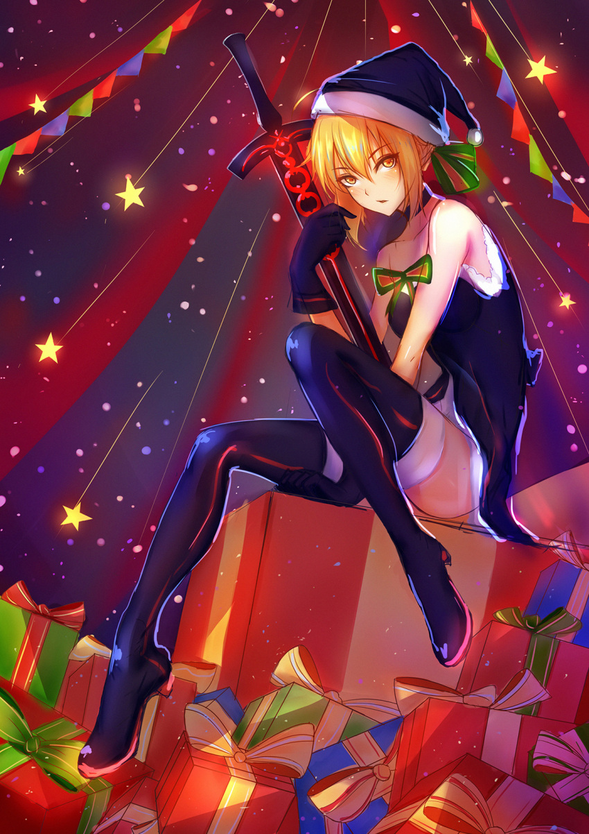 1girl, artoria_pendragon_(fate), black_footwear, black_thighhighs, blonde_hair, boots, box, english_commentary