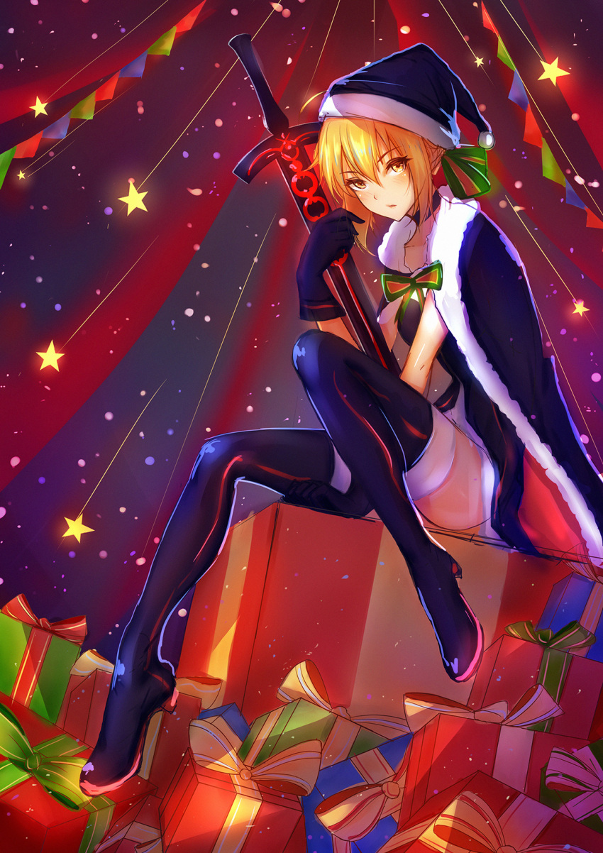 1girl, artoria_pendragon_(fate), black_footwear, black_thighhighs, blonde_hair, boots, box, cape