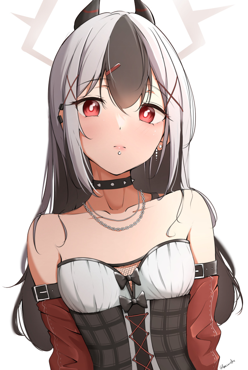 1girl, absurdres, alternate_costume, bangs, black_hair, blue_archive, bodice, chain_necklace