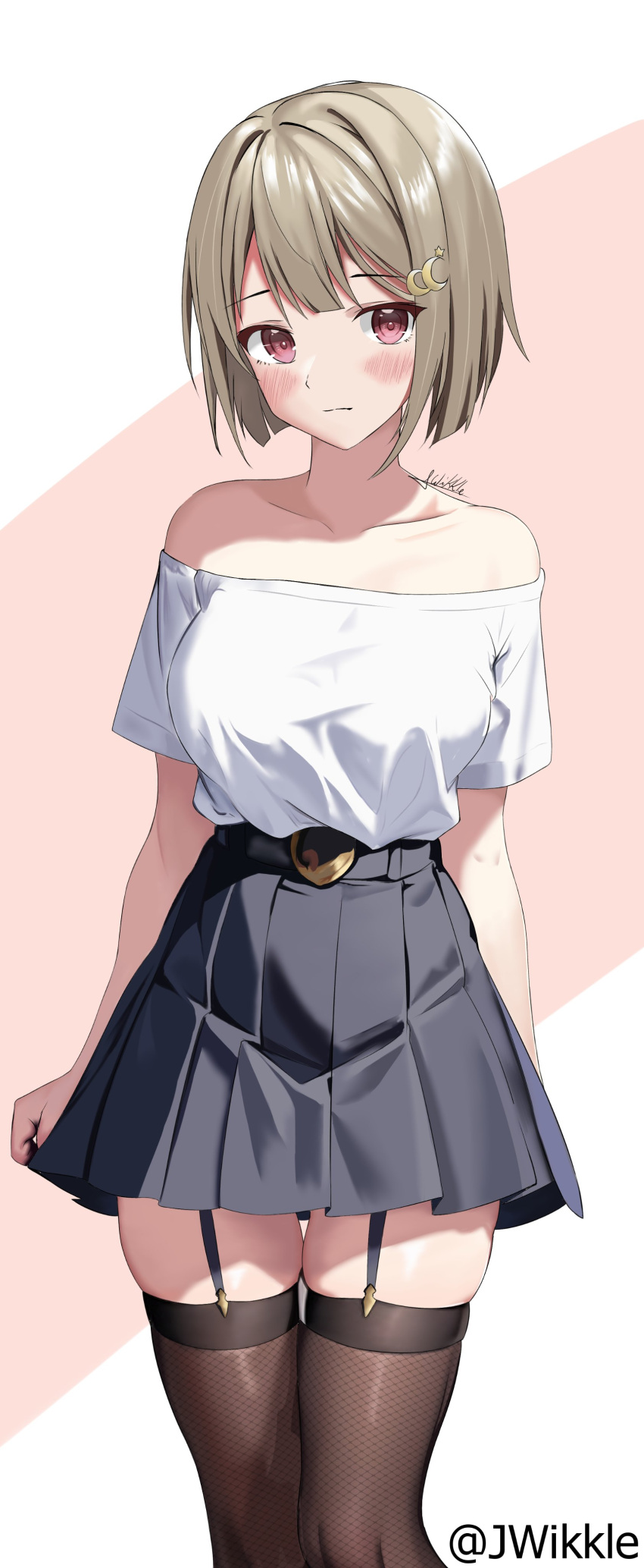 1girl, absurdres, bangs, belted_skirt, black_skirt, black_thighhighs, blush, breasts