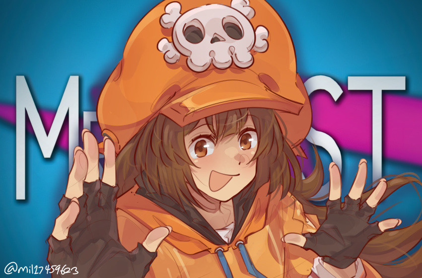 1girl, :p, black_gloves, brown_eyes, brown_hair, fingerless_gloves, gloves, guilty_gear, hat, highres, hood, hoodie, long_hair, looking_at_viewer, may_(guilty_gear), meme, mil17459623, mrbeast, orange_headwear, orange_hoodie, real_life, skull_and_crossbones, solo, tongue, tongue_out, upper_body