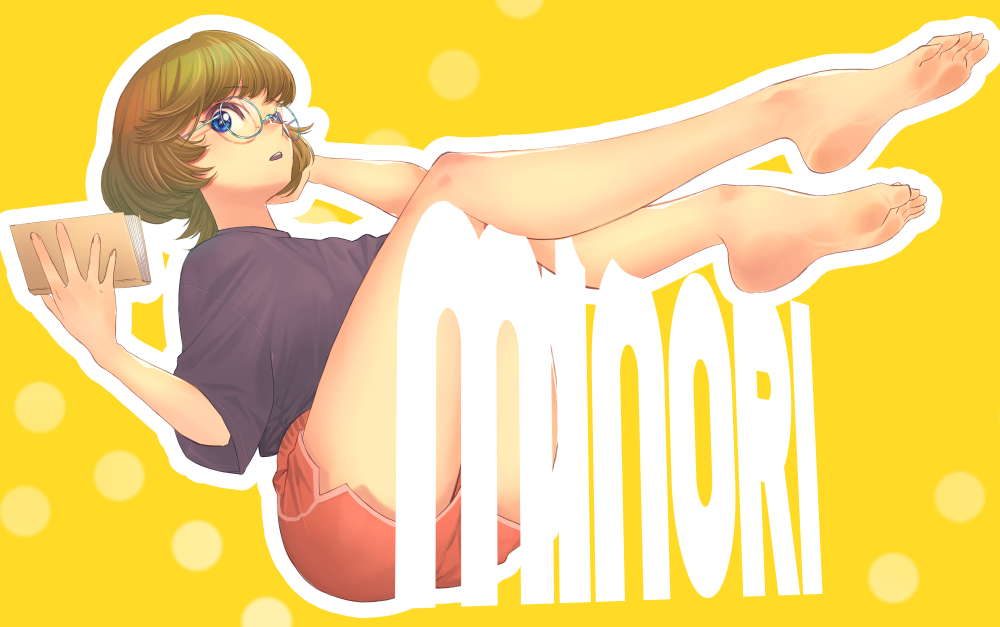 1girl, bangs, barefoot, black_shirt, blue_eyes, book, brown_hair, character_name, commentary, dolphin_shorts, feet, foot_focus, foreshortening, glasses, grey-framed_eyewear, hand_in_own_hair, holding, holding_book, ichinose_minori, jj_(ssspulse), looking_at_viewer, loungewear, open_mouth, outline, precure, red_shorts, round_eyewear, shirt, short_hair, shorts, simple_background, soles, solo, t-shirt, toes, tropical-rouge!_precure, white_outline, yellow_background
