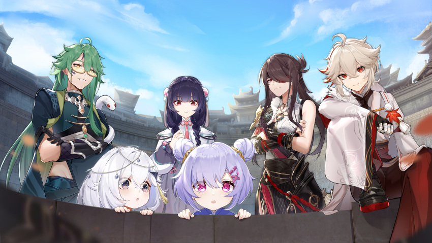 2boys, 4girls, absurdres, alternate_costume, alternate_hairstyle, architecture, armor, baizhu_(genshin_impact)