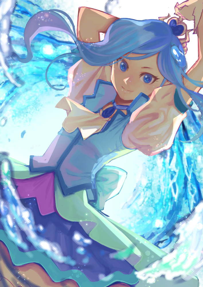 1girl, arms_up, ascot, blue_dress, blue_eyes, blue_hair, blurry, blurry_foreground