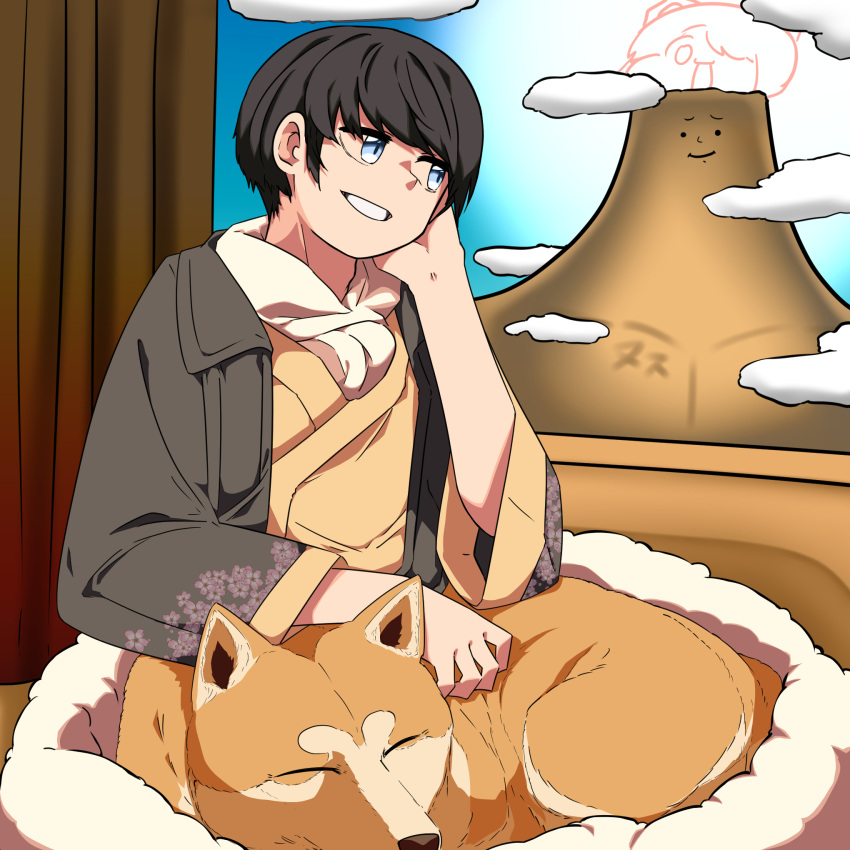 1boy, akita_inu, black_hair, black_jacket, black_survival, blue_eyes, blue_sky, clouds, commentary_request, dog, grin, hand_in_own_hair, haori, highres, jacket, japanese_clothes, kimono, kurodani_yamame, looking_afar, looking_outside, male_focus, rinyamame, short_hair, sky, smile, solo, touhou, yellow_kimono, yuki_(black_survival)